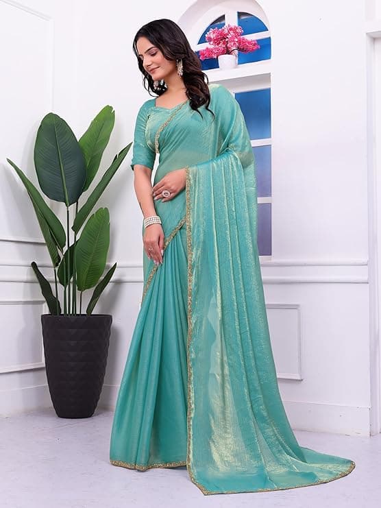 Women's Shimmer Chiffon soft silk two tone saree with Lace Boarder Shiny Stone and Diamond Work Saree With Unstitched Blouse Piece(5.5 mt Saree with 0.8 mt blouse piece)