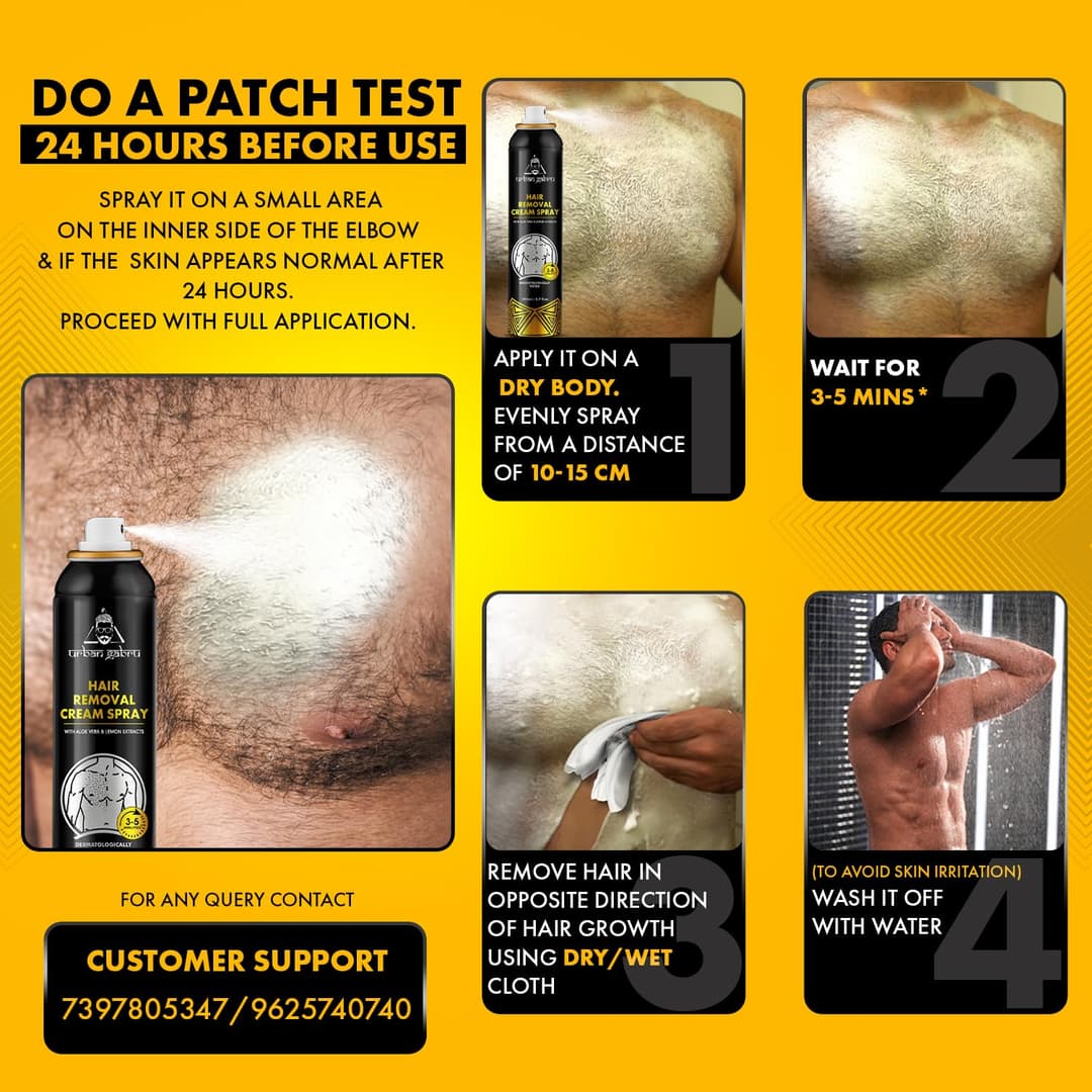 urbangabru Hair Removal Spray (200 ml) | Body Hair Removal In 3-5 Minutes For Men| Painless Body Hair Removal Cream For Chest, Back, Legs, Under Arms (Pack Of 2) 6