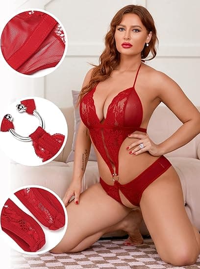 Women Deep V Lingerie Lace Teddy One Piece Babydoll Mini Bodysuit  Free Size Red Color 5