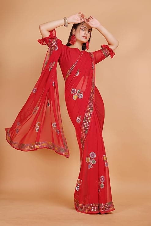 Georgette Shiroski Work Saree With Unstitched Blouse Piece 3