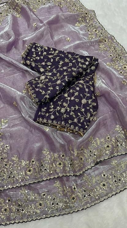 Shivshakti Collection, Designer Fandy Satin Saree for Women with Sequence Work | Cutwork Border Saree with Contrast Embroidered Full Stitch Blouse 3