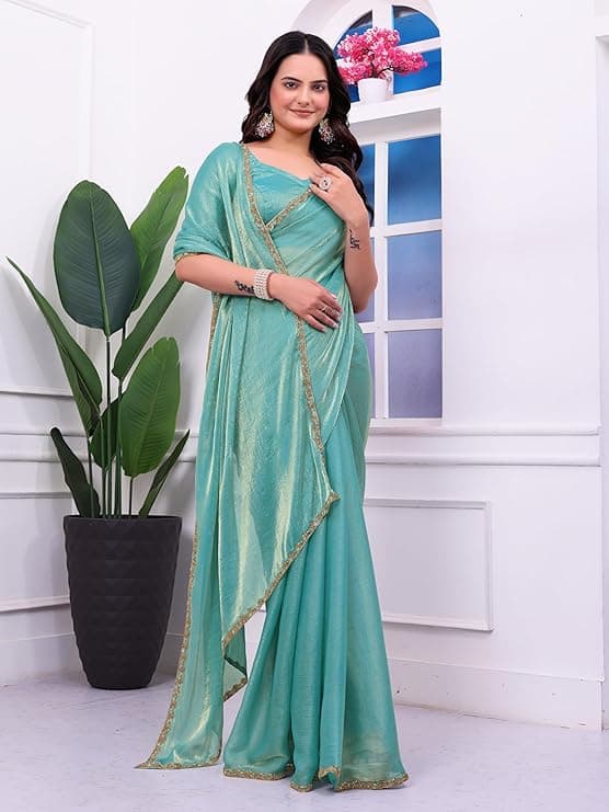 Women's Shimmer Chiffon soft silk two tone saree with Lace Boarder Shiny Stone and Diamond Work Saree With Unstitched Blouse Piece(5.5 mt Saree with 0.8 mt blouse piece) 1