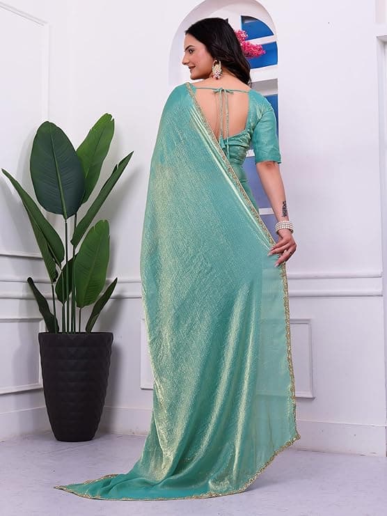 Women's Shimmer Chiffon soft silk two tone saree with Lace Boarder Shiny Stone and Diamond Work Saree With Unstitched Blouse Piece(5.5 mt Saree with 0.8 mt blouse piece) 3