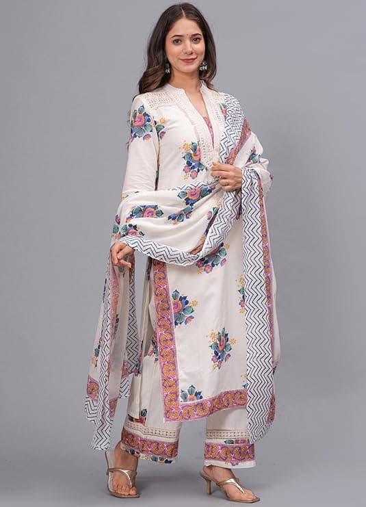 Women's Pure Cotton Printed Straight Kurta Set with Palazzo Pants & Dupatta- Ethnic Wear, White 1