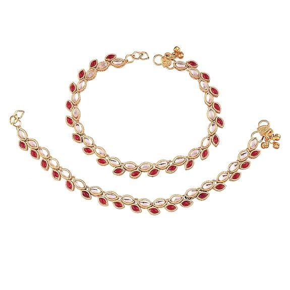 Jewels Gold Plated Traditional Kundan Stone Payal Anklets for Women