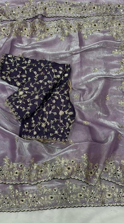 Shivshakti Collection, Designer Fandy Satin Saree for Women with Sequence Work | Cutwork Border Saree with Contrast Embroidered Full Stitch Blouse 2