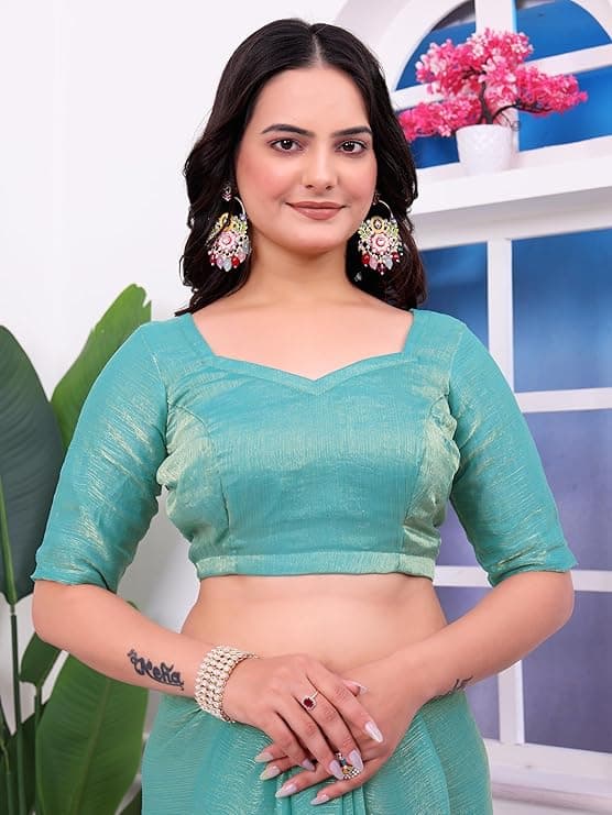 Women's Shimmer Chiffon soft silk two tone saree with Lace Boarder Shiny Stone and Diamond Work Saree With Unstitched Blouse Piece(5.5 mt Saree with 0.8 mt blouse piece) 4