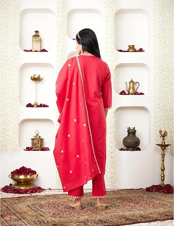 Myx Women's Embroidered Cotton Kurta Pant Set with Dupatta 1