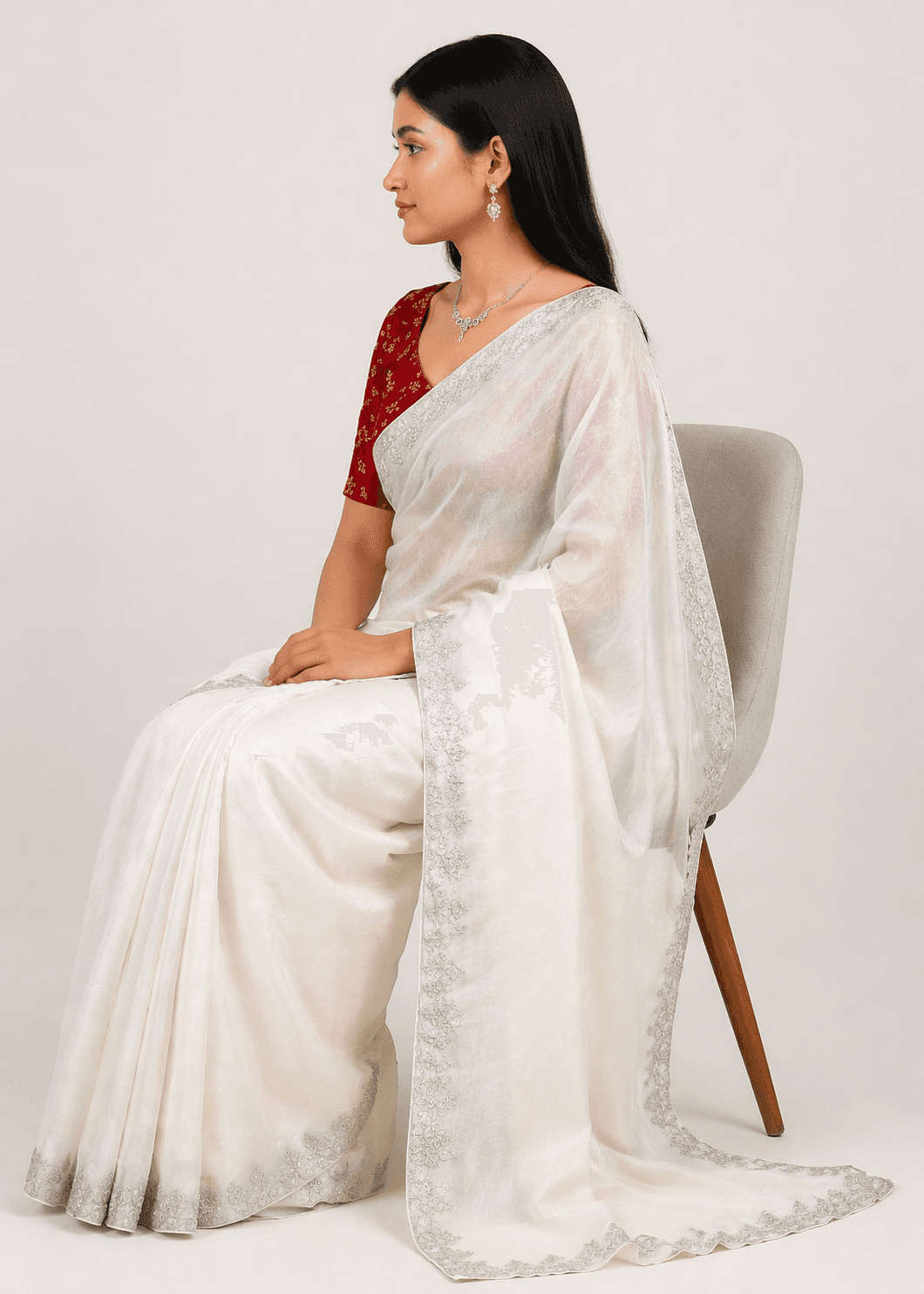 Elegant Silver Blue Georgette Saree with Sequin Work & Designer Blouse White 2