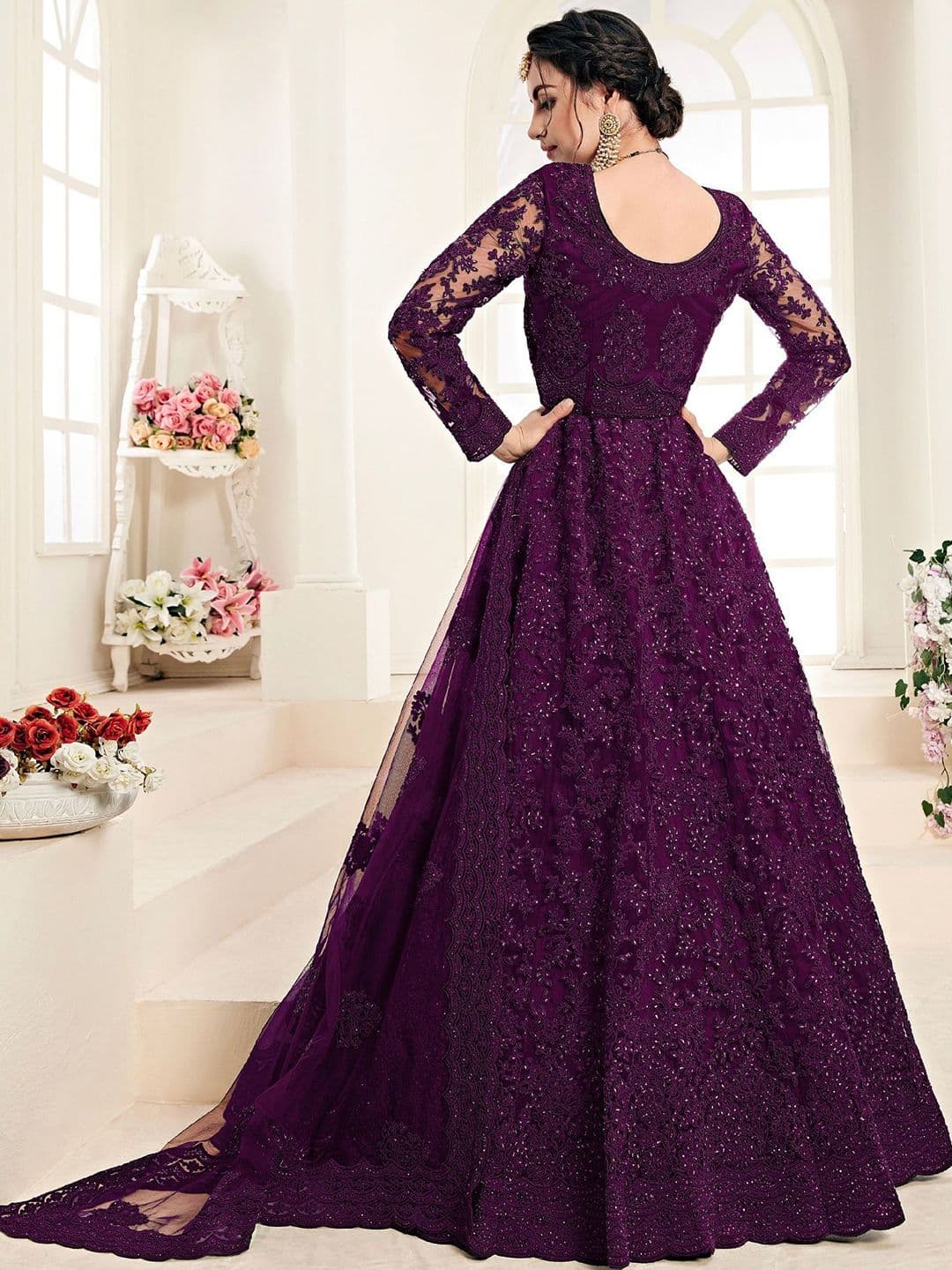 Embroidered Self Design Net Semi Stitched Lehenga Choli For Women - Wine Color | Fashion Net Lehenga For Women 1