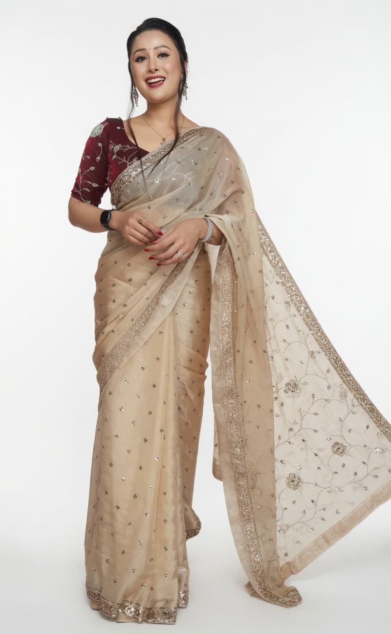 Pakistani Fandi silk saree with blouse design for girls 1