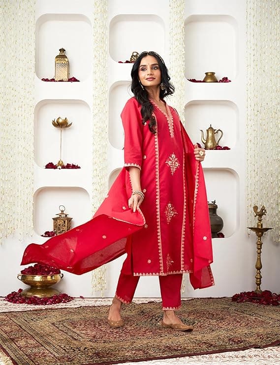 Myx Women's Embroidered Cotton Kurta Pant Set with Dupatta 2