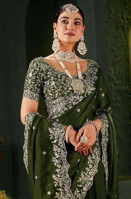 omen's Silk Saree with Embroidered Blouse Piece, Traditional Parte Wear  3