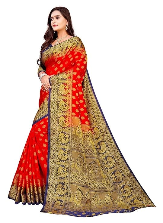 Women's Banarasi Silk Sarees With Zari Jacquard Work & Blouse Piece 1