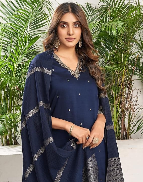  Women's Rayon Viscose Sequence Embroidered Straight Kurta Pant with Dupatta Set 3