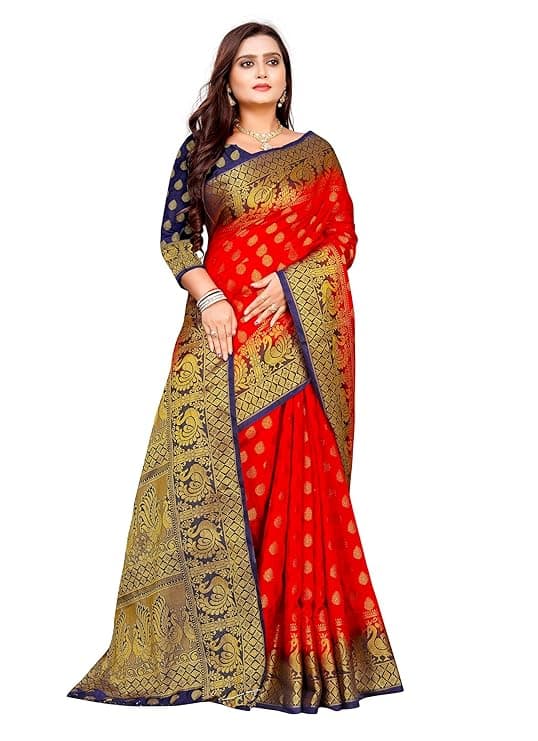 Women's Banarasi Silk Sarees With Zari Jacquard Work & Blouse Piece