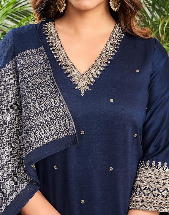  Women's Rayon Viscose Sequence Embroidered Straight Kurta Pant with Dupatta Set 4