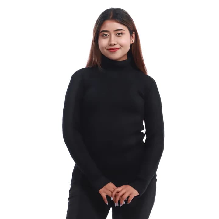 Black Acrylic Woolen Full Sleeve High Neck Sweater for Women