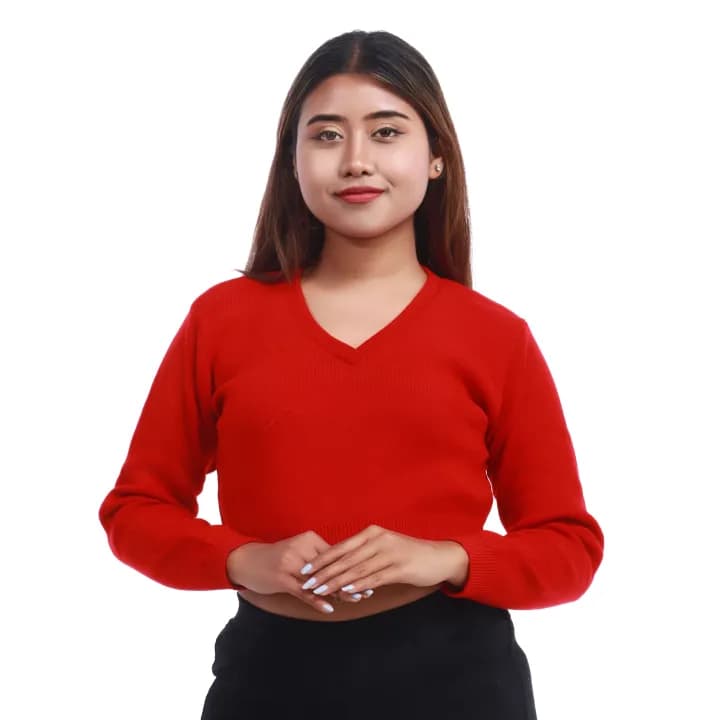 Red V Shaped Woolen Blouse for Women, Full Sleeves, Versatile 2