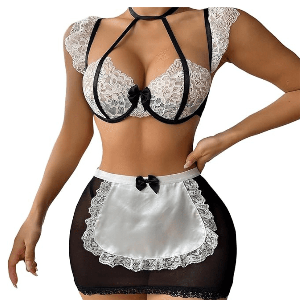 Women Lace Net Fabric 3 Pieces Bralette Bra and Cute Mini Skirt Contrast Lace Bow Front Low Rise Underwire Halter Lingerie Set with G-String Black and White Color