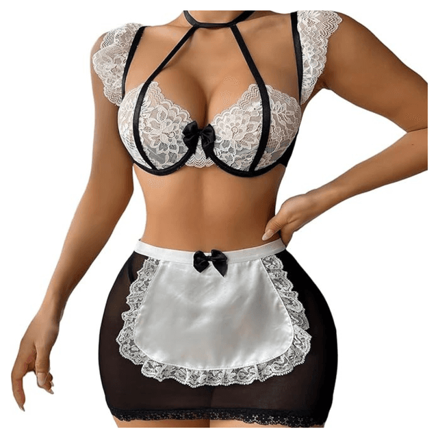 Women Lace Net Fabric 3 Pieces Bralette Bra and Cute Mini Skirt Contrast Lace Bow Front Low Rise Underwire Halter Lingerie Set with G-String Black and White Color
