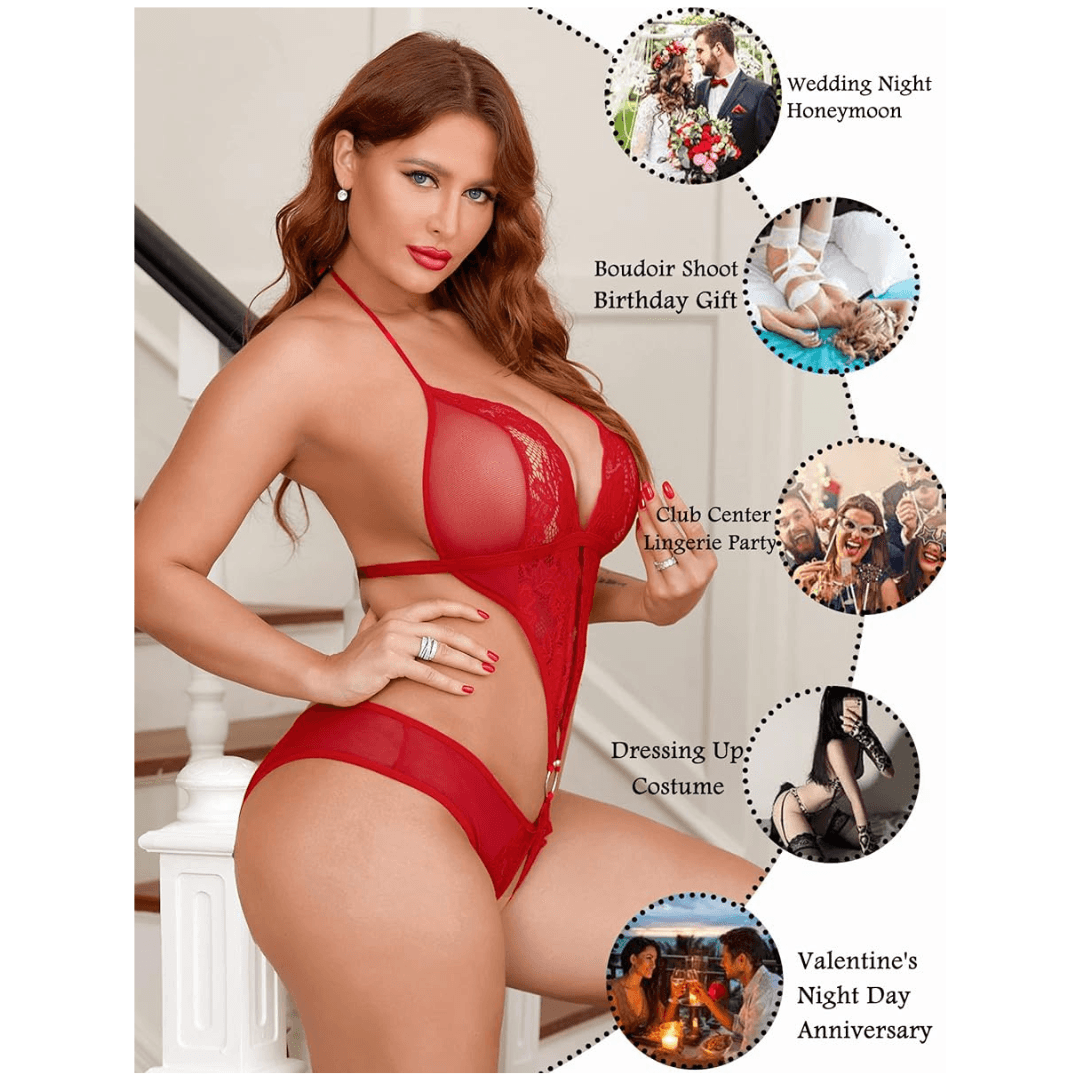 Women Deep V Lingerie Lace Teddy One Piece Babydoll Mini Bodysuit  Free Size Red Color 4