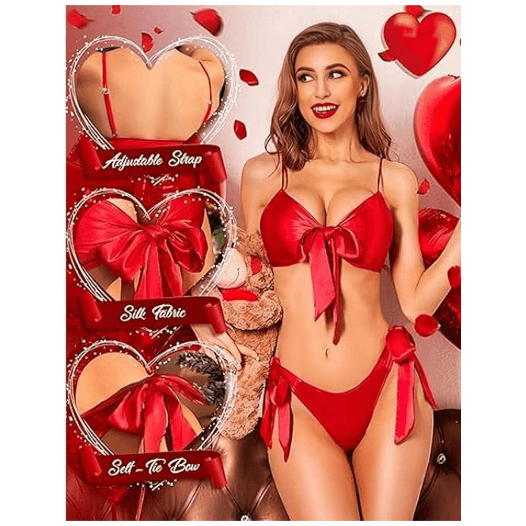 Women Babydoll Black Lingerie Set Satin Silk Two Piece Bra and Panty Sets for Valentine Honeymoon Nightwear Dress Free Size Red Color 4