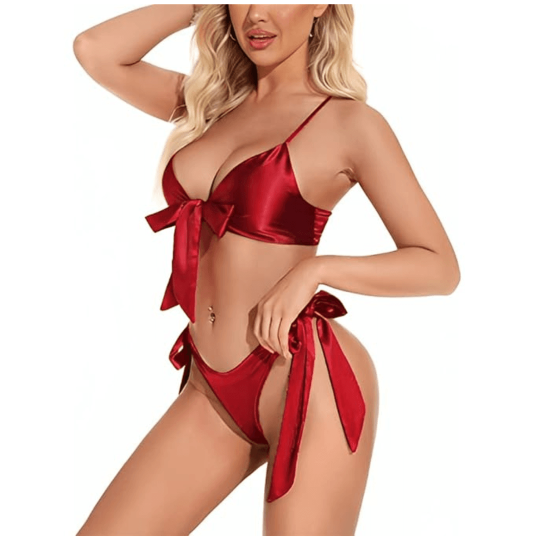 Women Babydoll Black Lingerie Set Satin Silk Two Piece Bra and Panty Sets for Valentine Honeymoon Nightwear Dress Free Size Maroon Color 4