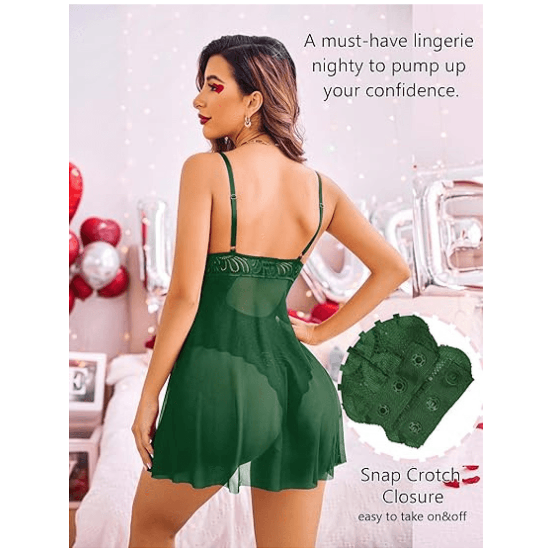 Babydoll Lingerie for Women Floral Snap Crotch Teddy Chemise Nightie Lace Nightgown For Women Free Size Green Color 2