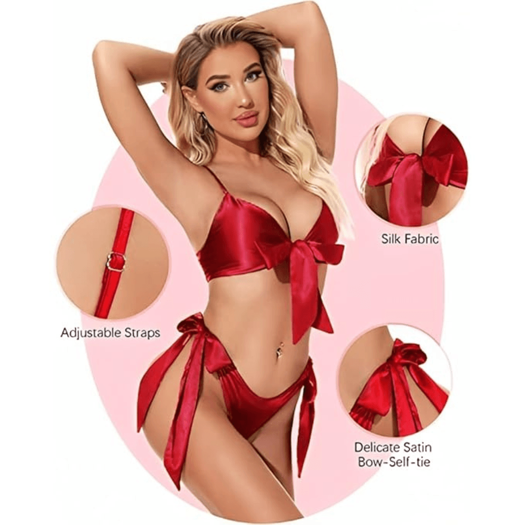 Women Babydoll Black Lingerie Set Satin Silk Two Piece Bra and Panty Sets for Valentine Honeymoon Nightwear Dress Free Size Maroon Color 3