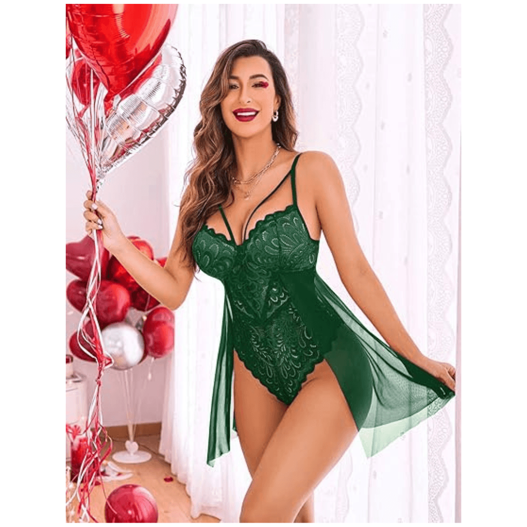 Babydoll Lingerie for Women Floral Snap Crotch Teddy Chemise Nightie Lace Nightgown For Women Free Size Green Color 3
