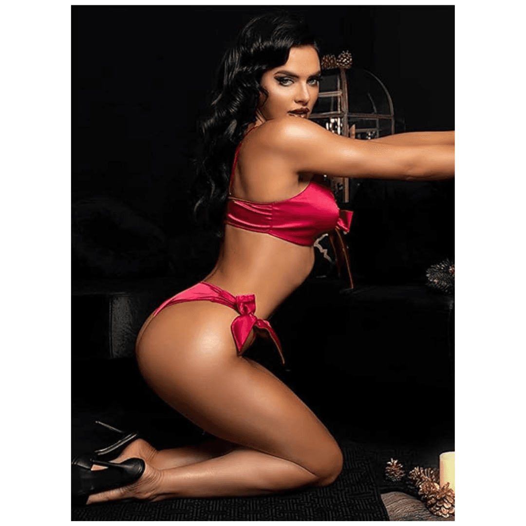 Women Babydoll Black Lingerie Set Satin Silk Two Piece Bra and Panty Sets for Valentine Honeymoon Nightwear Dress Free Size Red Color 1