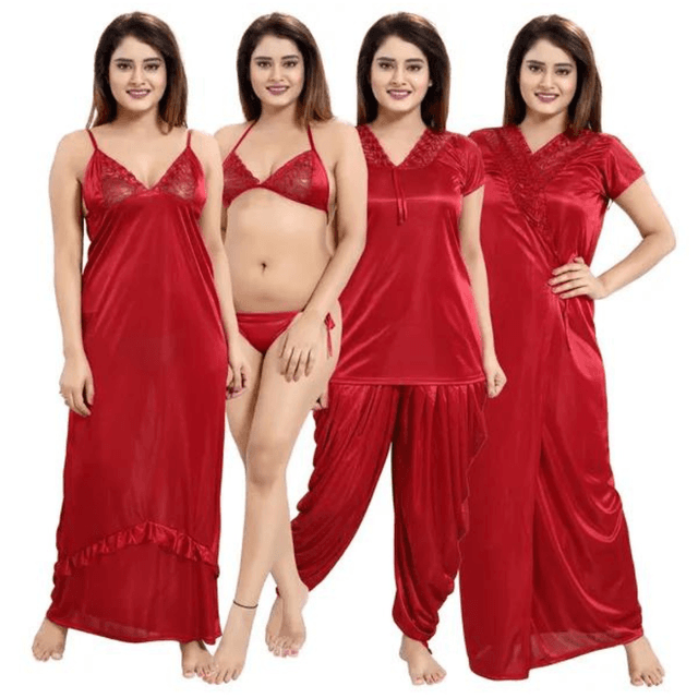 Silk Bridal Nightgown Dhoti  Set Stylish Fancy Bridal Nighty Set For Women Free Size Maroon Color (4 set)