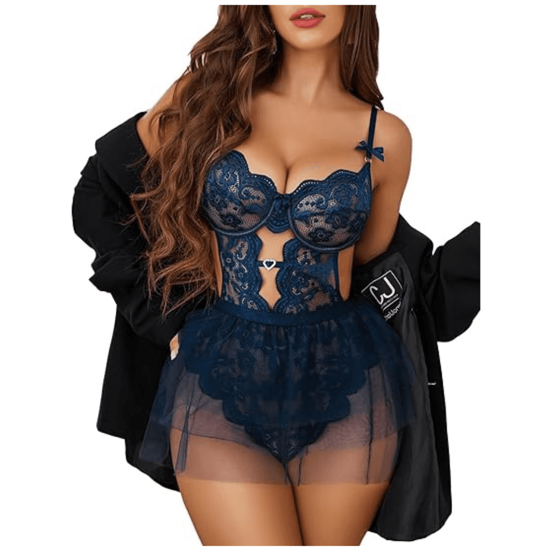 Lingerie Set Lace Underwired Bodysuit with Detachable Mesh Mini Skirt Push Up Teddy Lingerie  Free Size Navy Blue Color 1