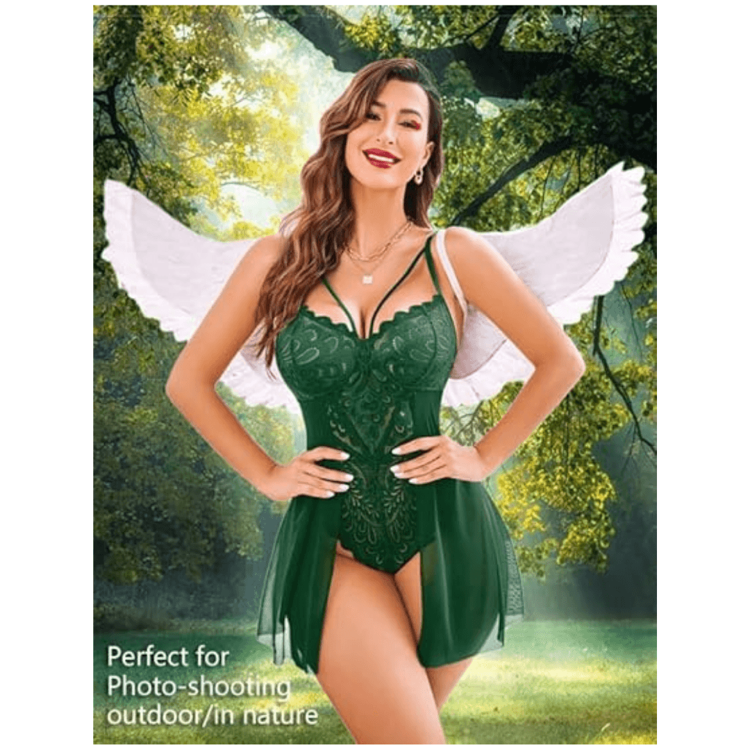 Babydoll Lingerie for Women Floral Snap Crotch Teddy Chemise Nightie Lace Nightgown For Women Free Size Green Color 4