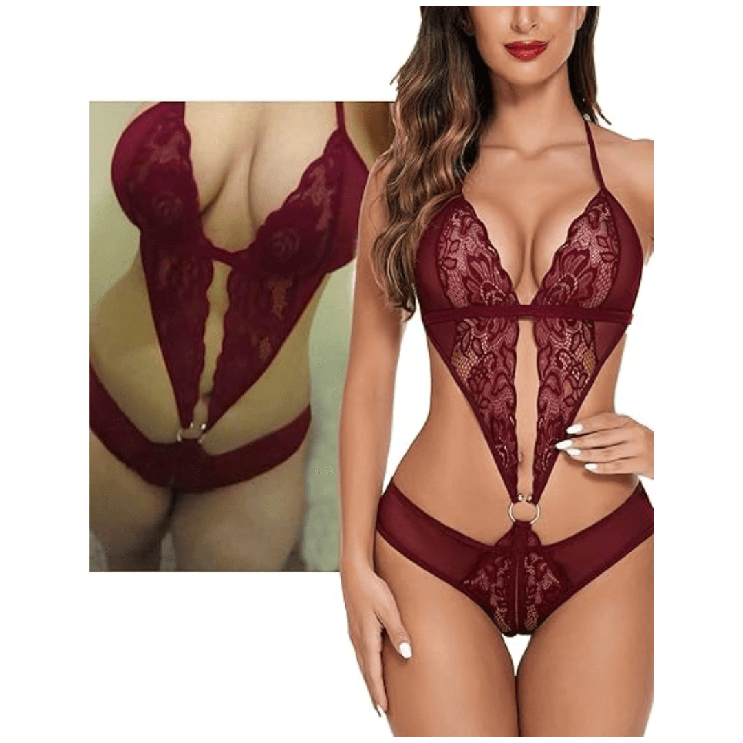 Women Deep V Lingerie Lace Teddy One Piece Babydoll Mini Bodysuit Free Size Maroon Color 2