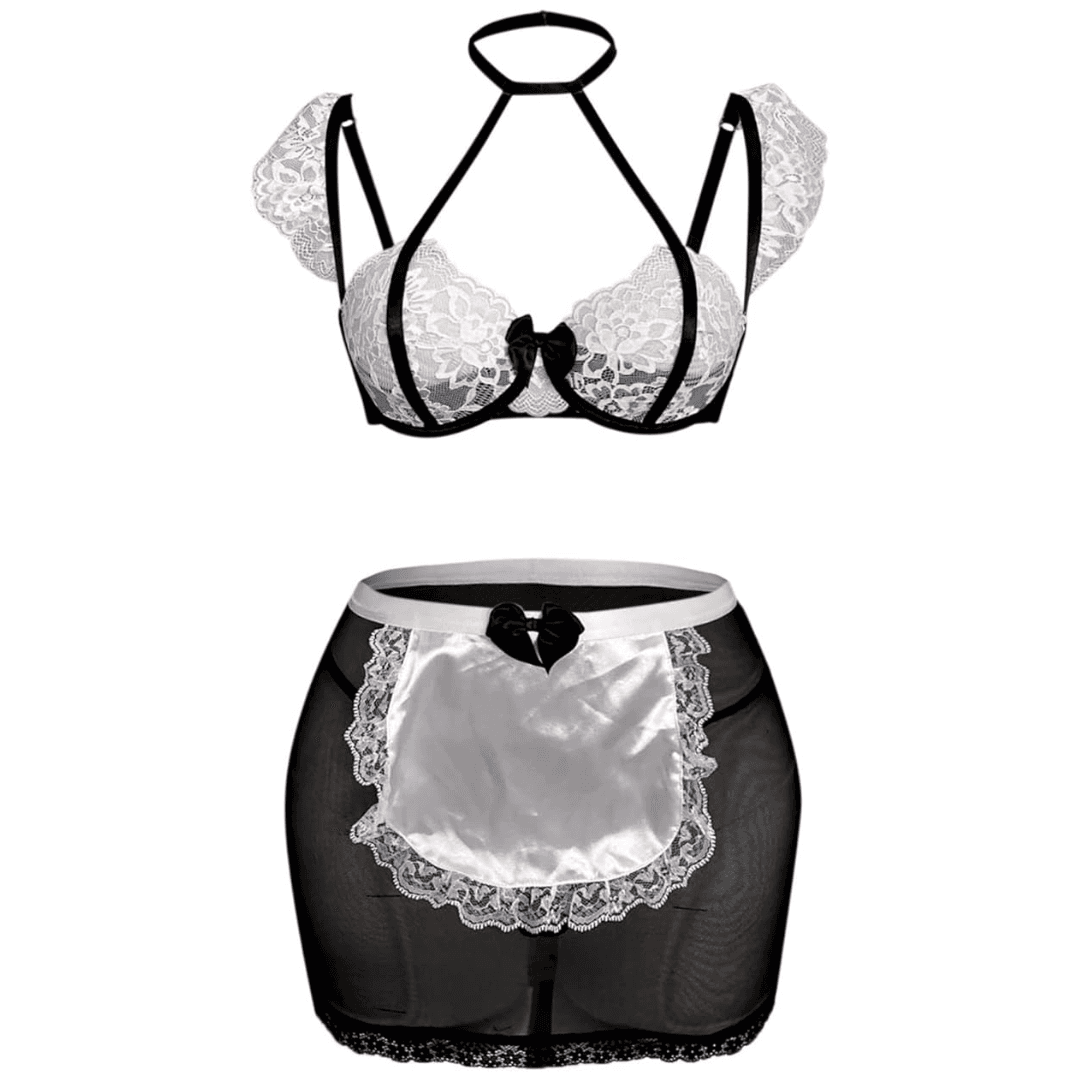 Women Lace Net Fabric 3 Pieces Bralette Bra and Cute Mini Skirt Contrast Lace Bow Front Low Rise Underwire Halter Lingerie Set with G-String Black and White Color 4