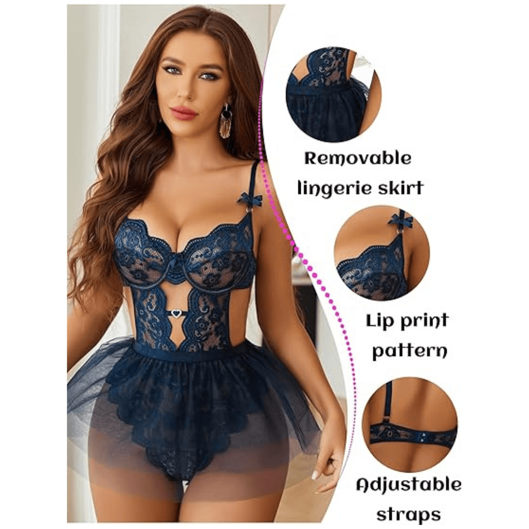 Lingerie Set Lace Underwired Bodysuit with Detachable Mesh Mini Skirt Push Up Teddy Lingerie  Free Size Navy Blue Color 2