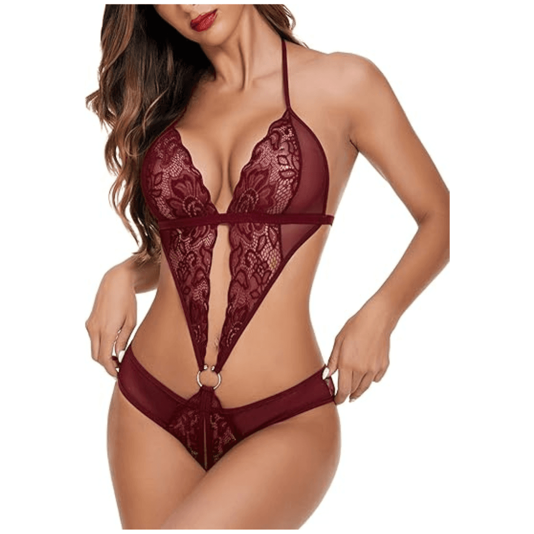 Women Deep V Lingerie Lace Teddy One Piece Babydoll Mini Bodysuit Free Size Maroon Color 4