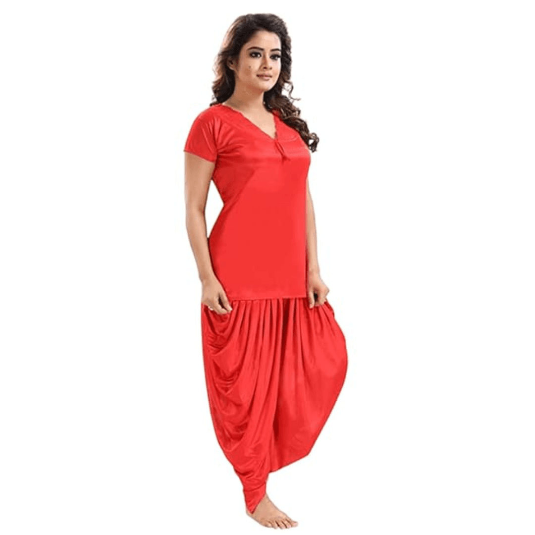 Silk Bridal Nightgown Dhoti  Set Stylish Fancy Bridal Nighty Set For Women Free Size Red Color (4 set) 5