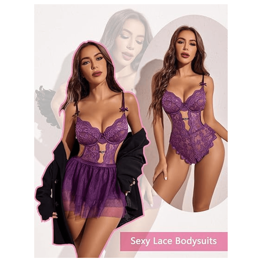 Lingerie Set Lace Underwired Bodysuit with Detachable Mesh Mini Skirt Push Up Teddy Lingerie  Free Size Purple Color 3