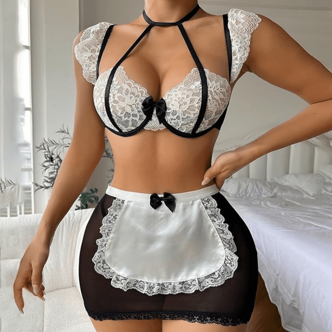 Women Lace Net Fabric 3 Pieces Bralette Bra and Cute Mini Skirt Contrast Lace Bow Front Low Rise Underwire Halter Lingerie Set with G-String Black and White Color 3