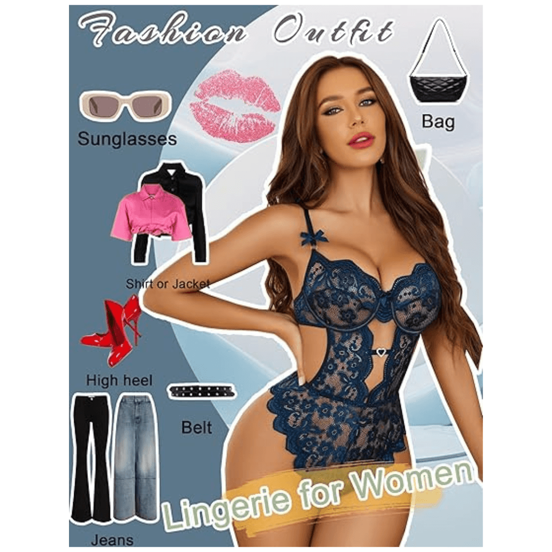 Lingerie Set Lace Underwired Bodysuit with Detachable Mesh Mini Skirt Push Up Teddy Lingerie  Free Size Navy Blue Color 3