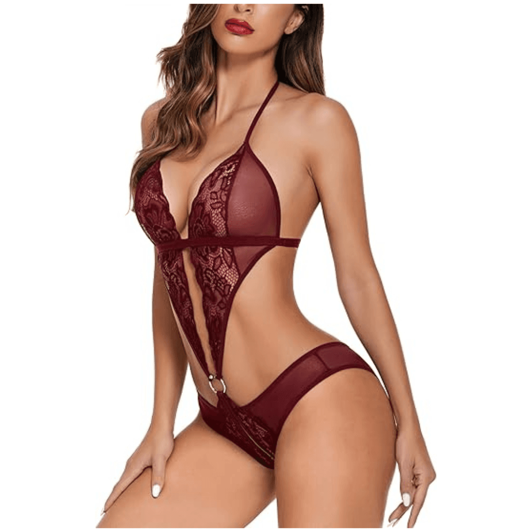Women Deep V Lingerie Lace Teddy One Piece Babydoll Mini Bodysuit Free Size Maroon Color 3