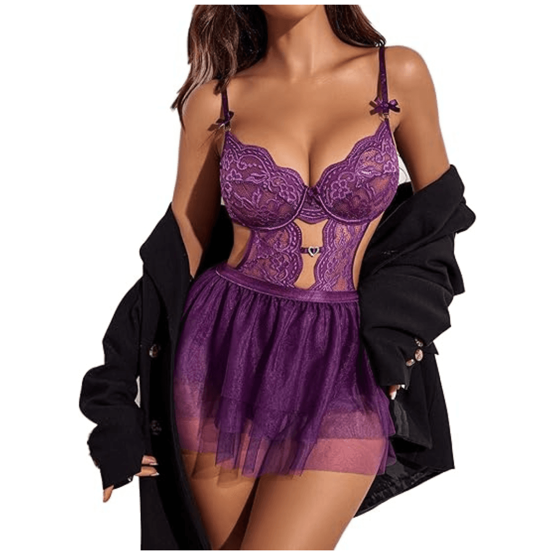 Lingerie Set Lace Underwired Bodysuit with Detachable Mesh Mini Skirt Push Up Teddy Lingerie  Free Size Purple Color 2