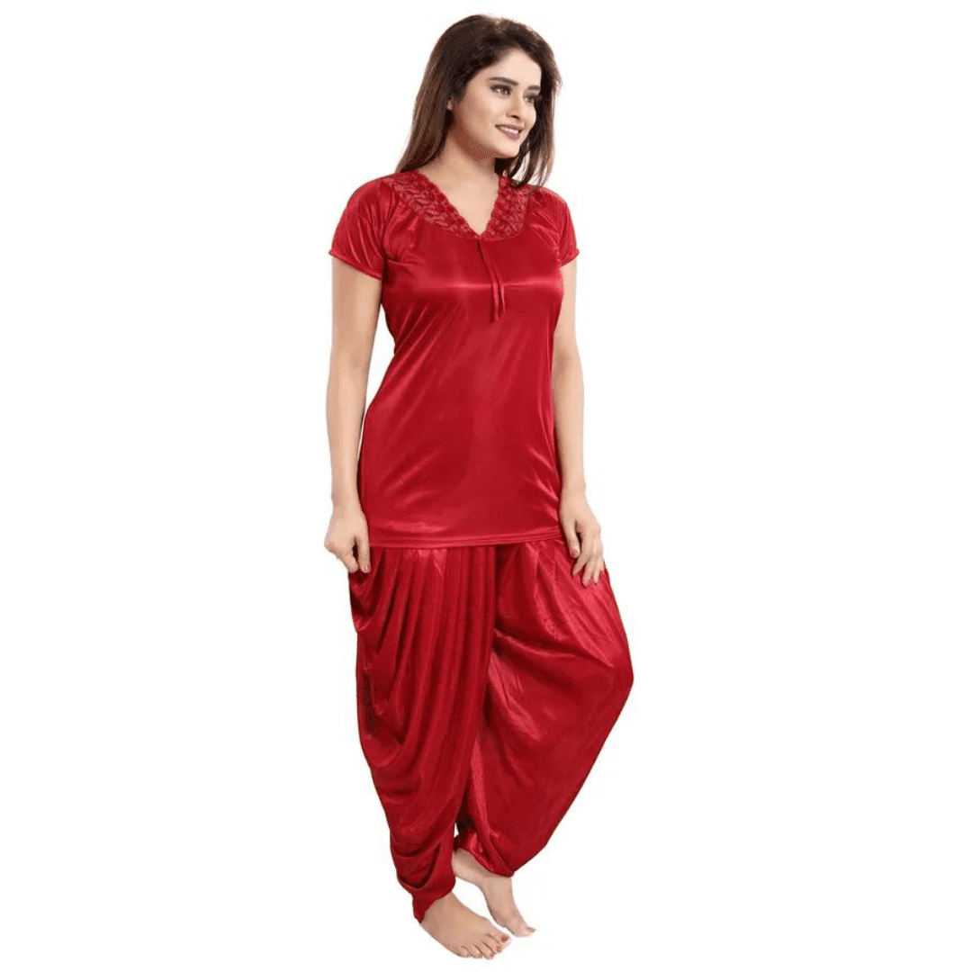 Silk Bridal Nightgown Dhoti  Set Stylish Fancy Bridal Nighty Set For Women Free Size Maroon Color (4 set) 1