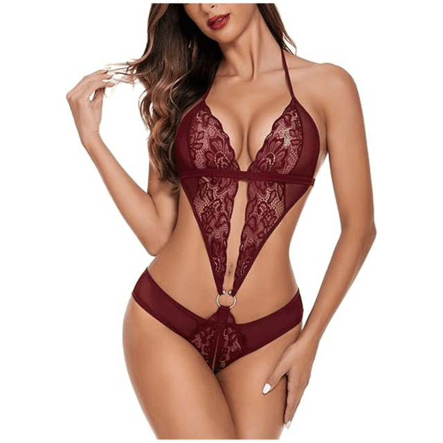 Women Deep V Lingerie Lace Teddy One Piece Babydoll Mini Bodysuit Free Size Maroon Color