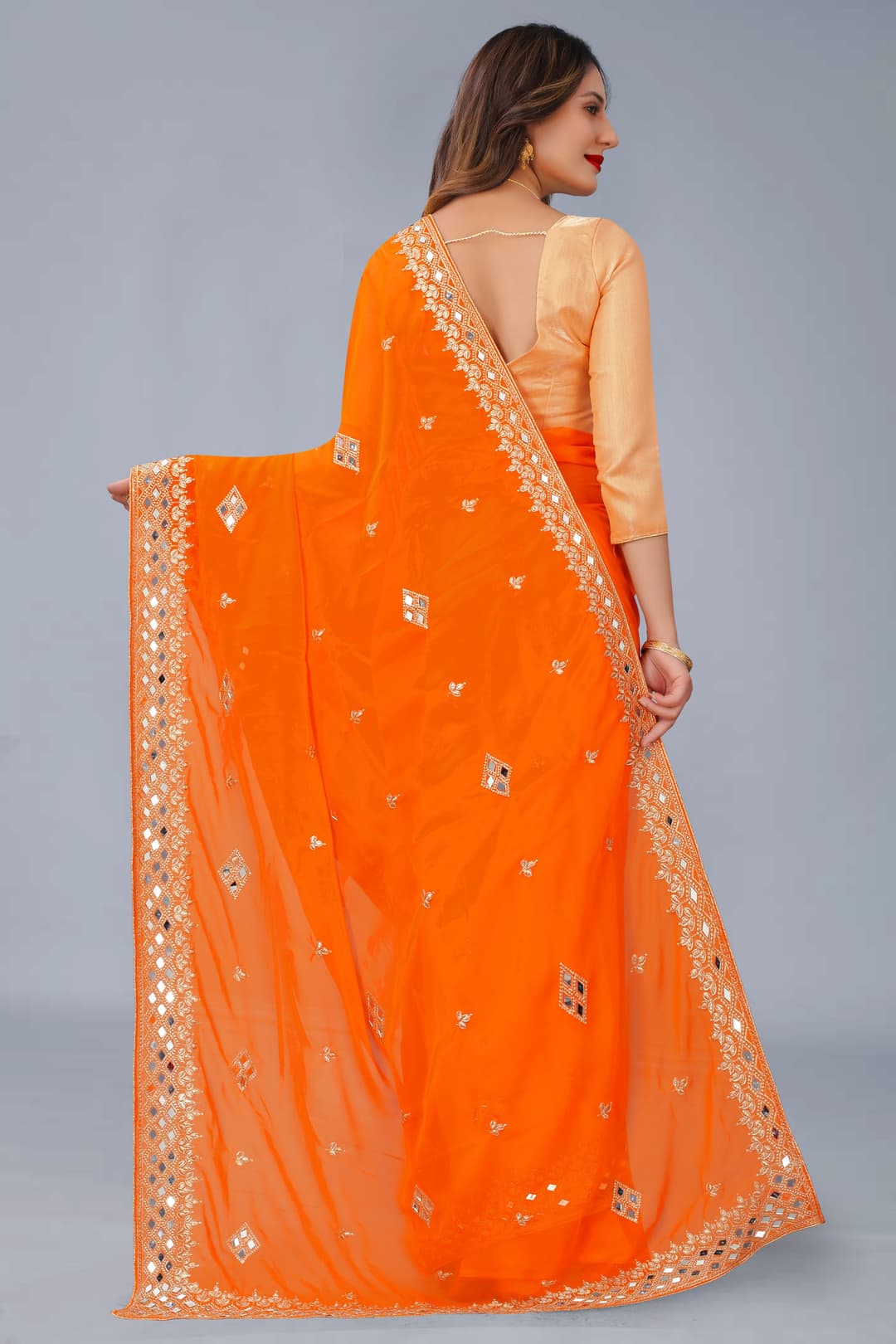 Georgette Orange Mirror Work Saree With Blouse 3