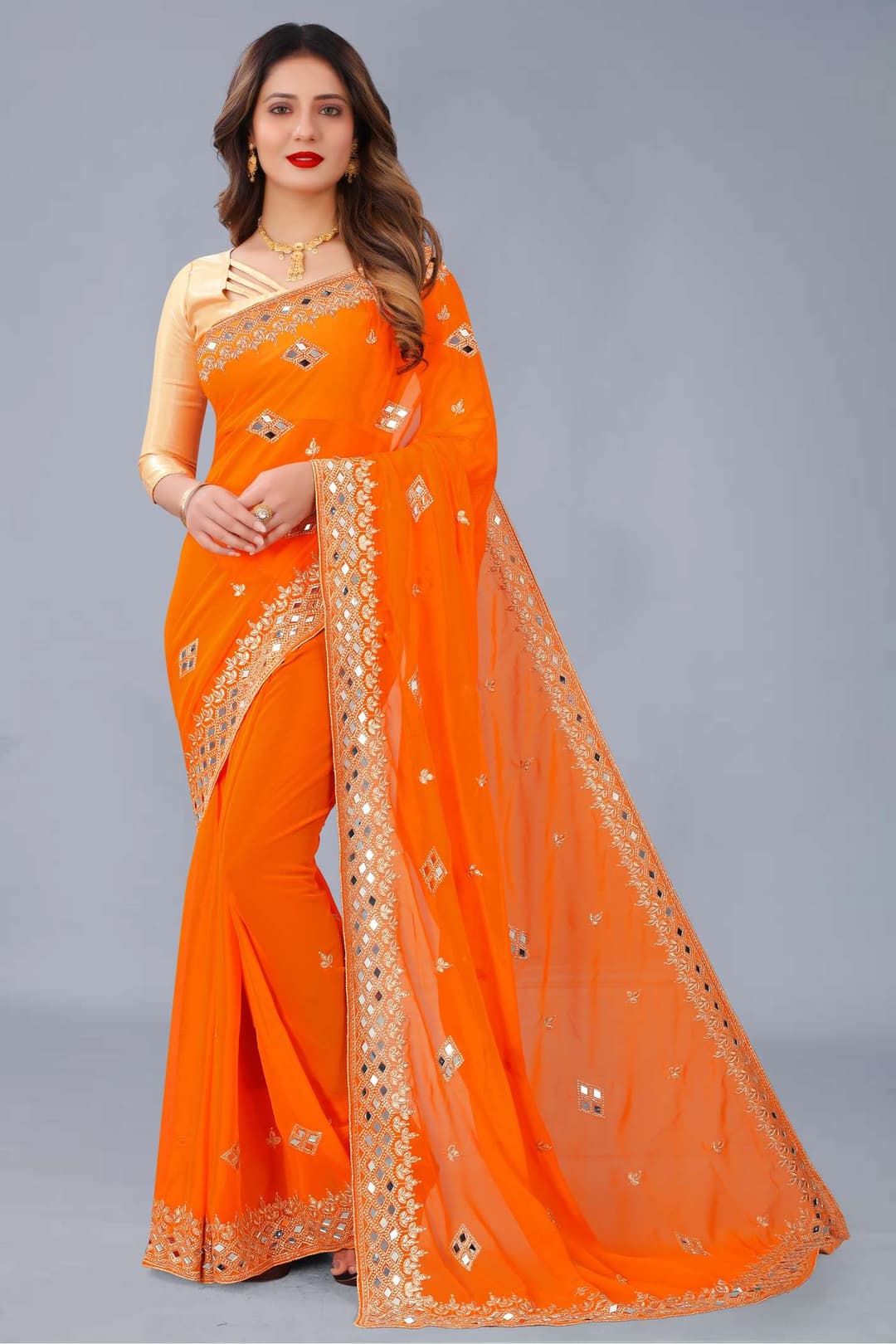 Georgette Orange Mirror Work Saree With Blouse