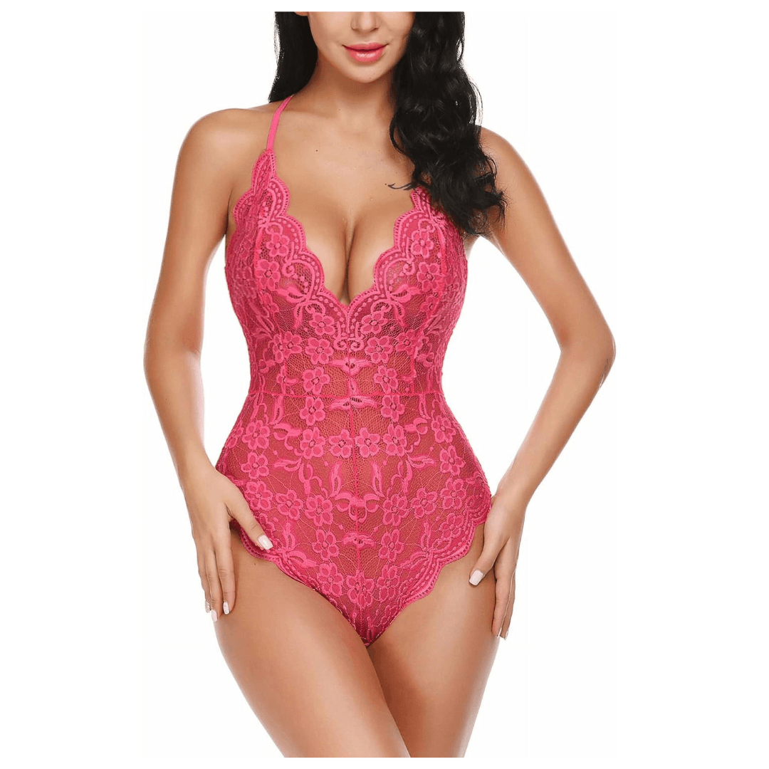 Women Deep V Lingerie Lace Teddy One Piece Babydoll Mini Bodysuit  Free Size Pink Color